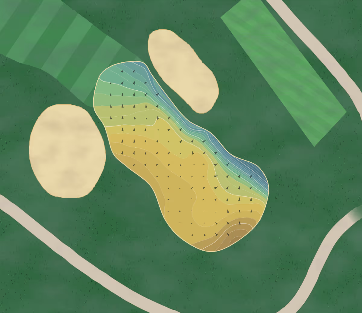 Green contour map of Golf Club Bad Ragaz in Bad Ragaz, Switzerland — 203 elevation contours at a 8-centimeter interval with fall-line arrows, traced from 1-meter lidar