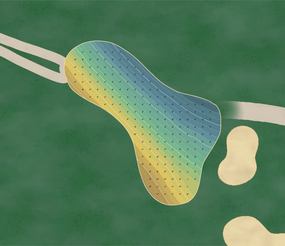 Green contour map of Golf Club Breitenloo in Nürensdorf, Switzerland — 238 elevation contours at a 8-centimeter interval with fall-line arrows, traced from 1-meter lidar