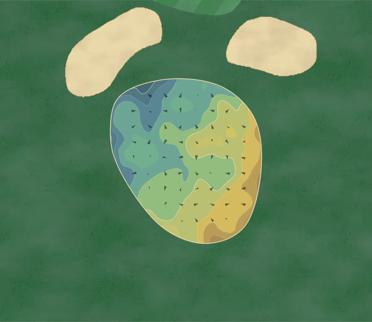 Green contour map of Golf Club Davos in Mattastrasse 25, Switzerland — 176 elevation contours at a 8-centimeter interval with fall-line arrows, traced from 1-meter lidar