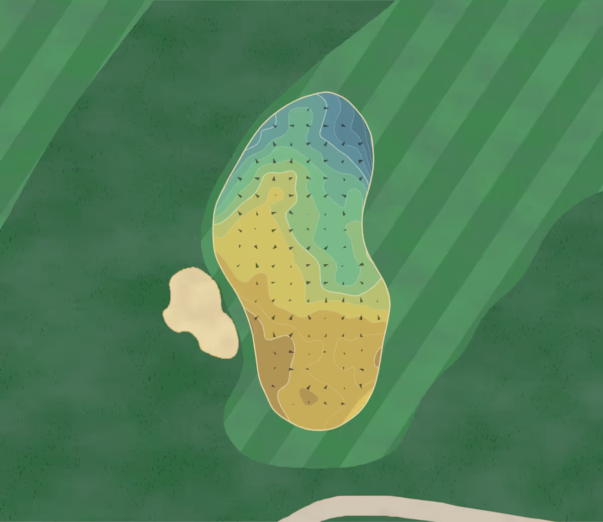Green contour map of Golf Club de Genève in Vandœuvres, Switzerland — 300 elevation contours at a 8-centimeter interval with fall-line arrows, traced from 1-meter lidar