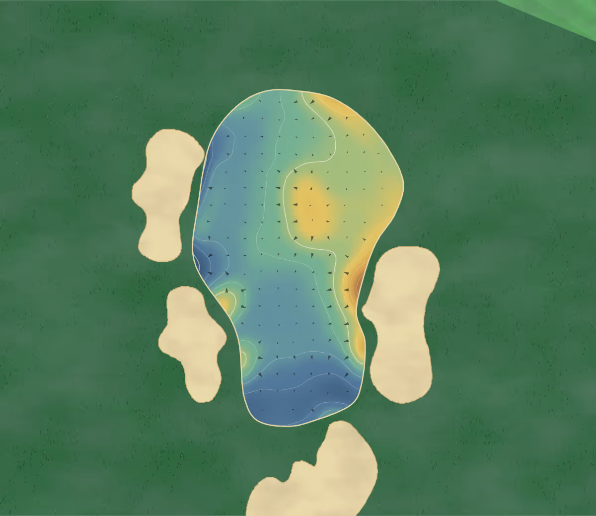 Green contour map of Golf Club de Lyon in Villette-d'Anthon, France — 14 elevation contours at a 8-centimeter interval with fall-line arrows, traced from 1-meter lidar