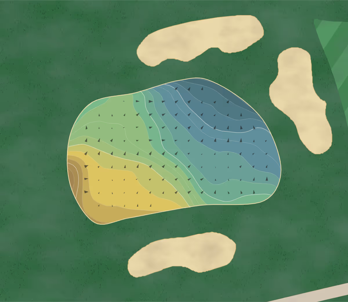 Green contour map of Golf Club de Payerne in Payerne, Switzerland — 206 elevation contours at a 8-centimeter interval with fall-line arrows, traced from 1-meter lidar