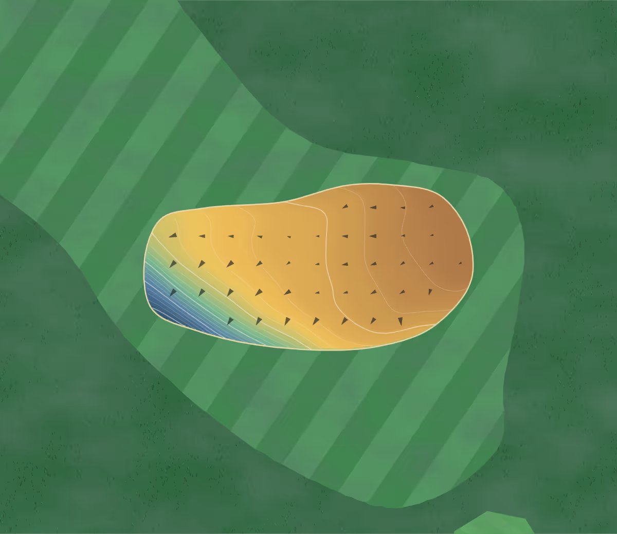 Green contour map of Golf Club du Bocage in Bressuire, France — 75 elevation contours at a 8-centimeter interval with fall-line arrows, traced from 1-meter lidar