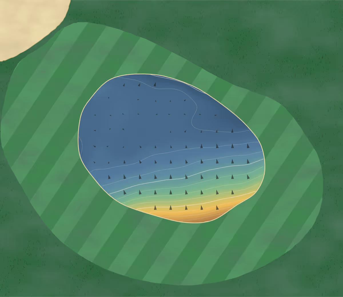 Green contour map of Golf Club Espalais in Espalais, France — 53 elevation contours at a 8-centimeter interval with fall-line arrows, traced from 1-meter lidar