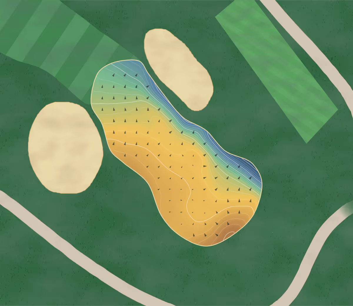Green contour map of Golf Club Heidiland in Bad Ragaz, Switzerland — 170 elevation contours at a 8-centimeter interval with fall-line arrows, traced from 1-meter lidar