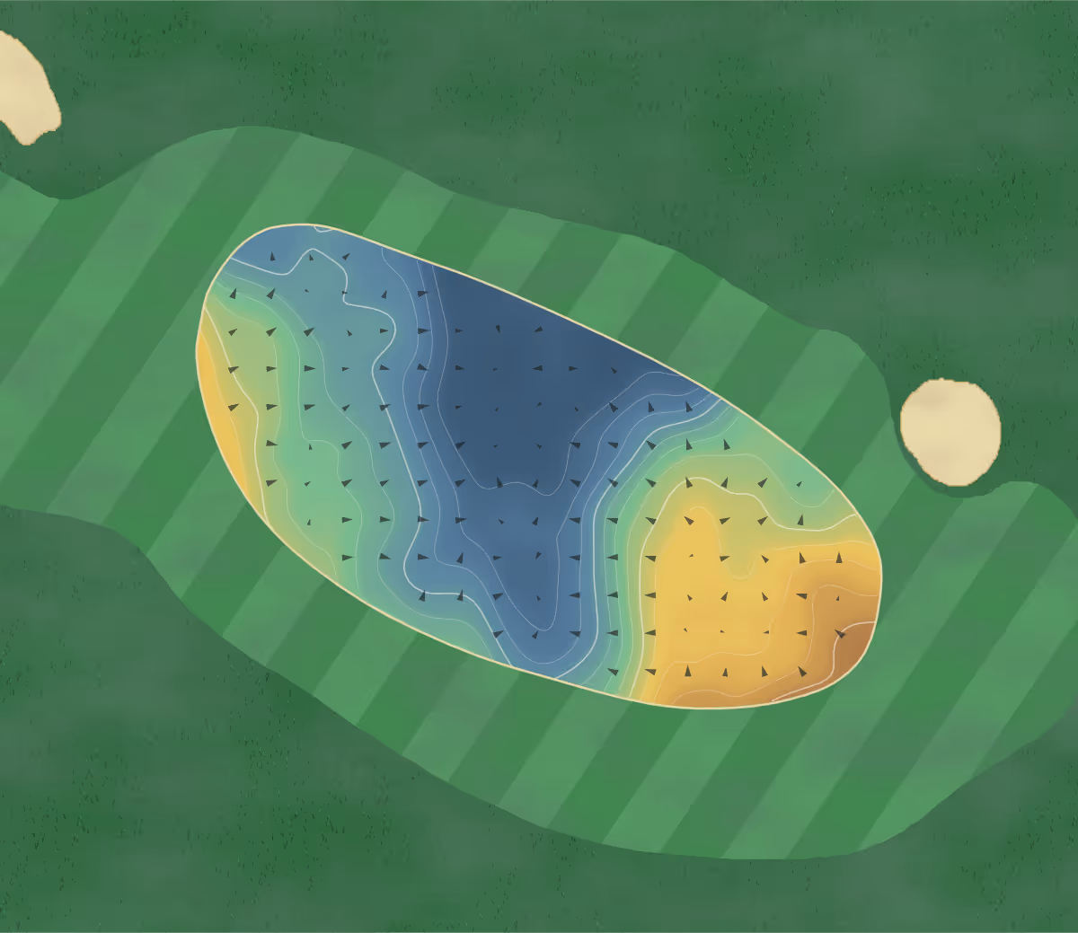 Green contour map of Golf Club Leuk in Sustenstrasse 3, Switzerland — 167 elevation contours at a 8-centimeter interval with fall-line arrows, traced from 1-meter lidar
