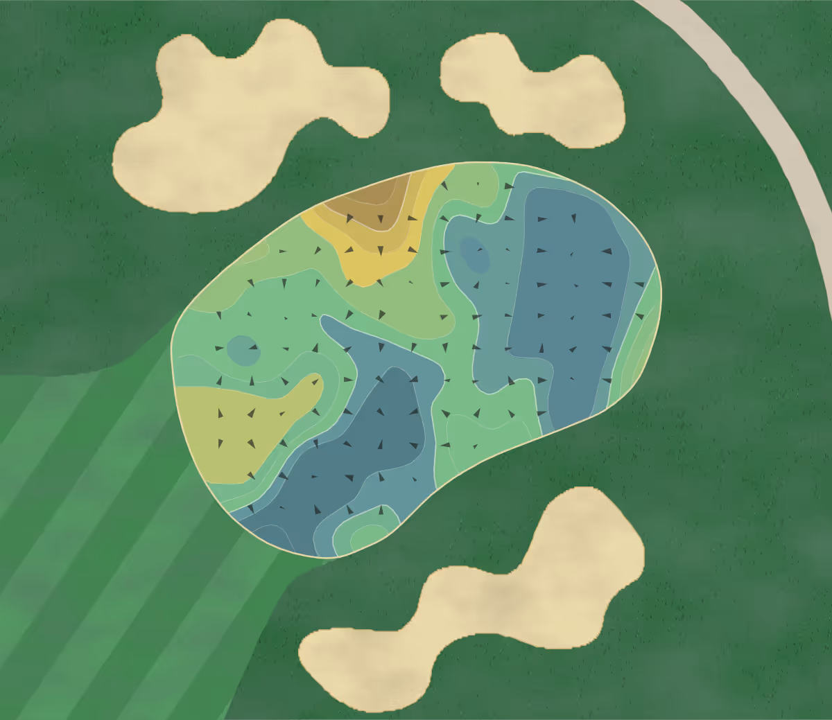 Green contour map of Golf Club Lugano in Magliaso, Switzerland — 261 elevation contours at a 8-centimeter interval with fall-line arrows, traced from 1-meter lidar