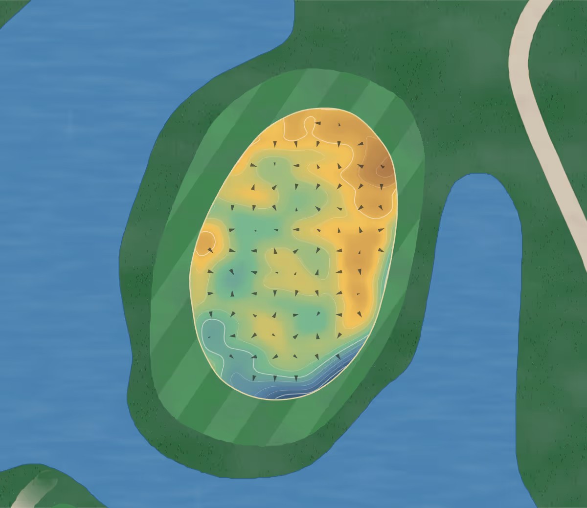 Green contour map of Golf Club Matterhorn in Kantonsstrasse 124, Switzerland — 87 elevation contours at a 8-centimeter interval with fall-line arrows, traced from 1-meter lidar