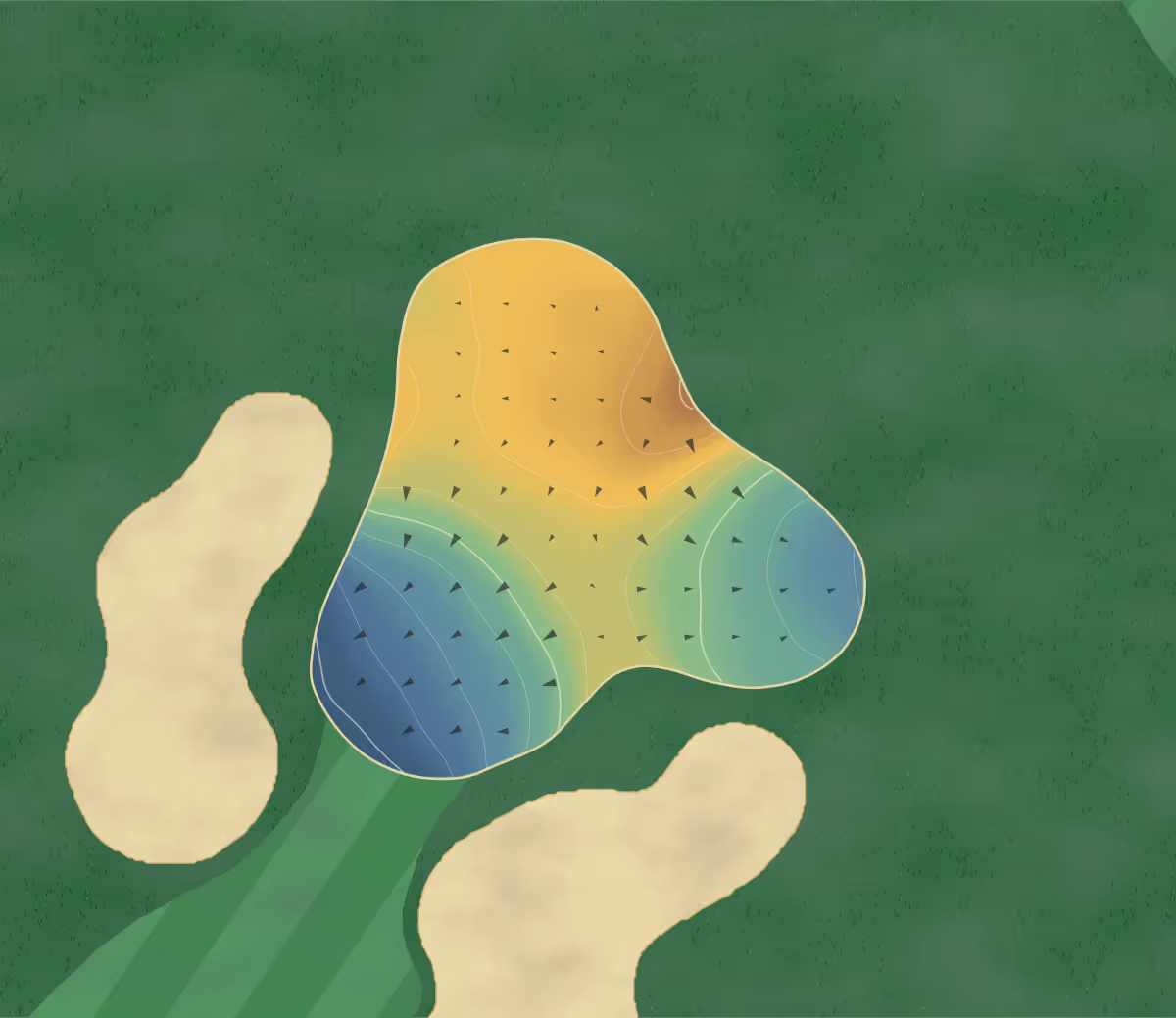 Green contour map of Golf Club Montreux in Rte d'Evian 54, Switzerland — 13 elevation contours at a 8-centimeter interval with fall-line arrows, traced from 1-meter lidar