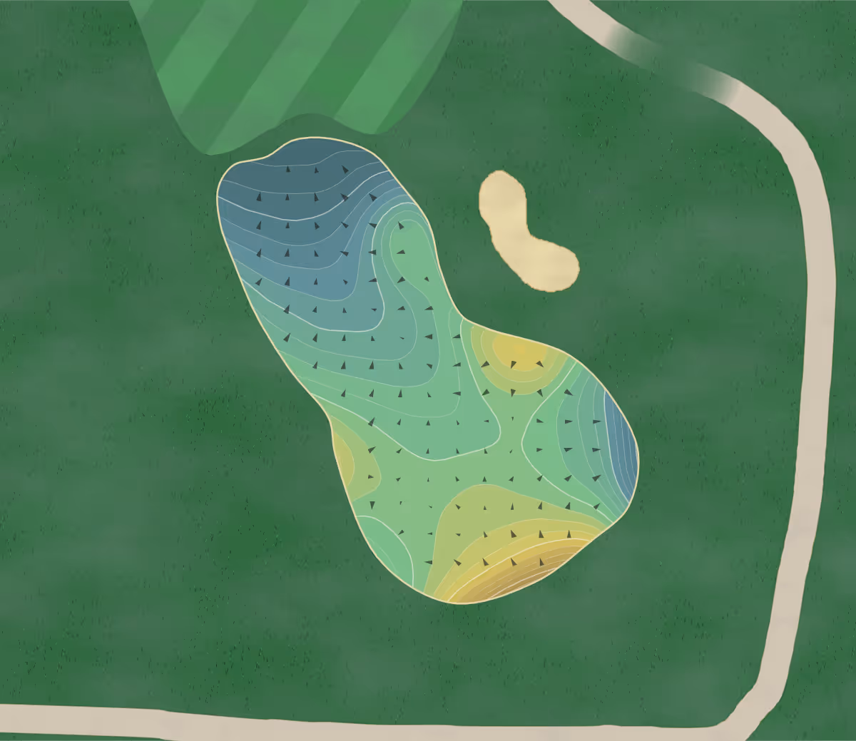 Green contour map of Golf Club of Illinois in Algonquin, Illinois — 215 elevation contours at a 3-inch interval with fall-line arrows, traced from 1-meter lidar