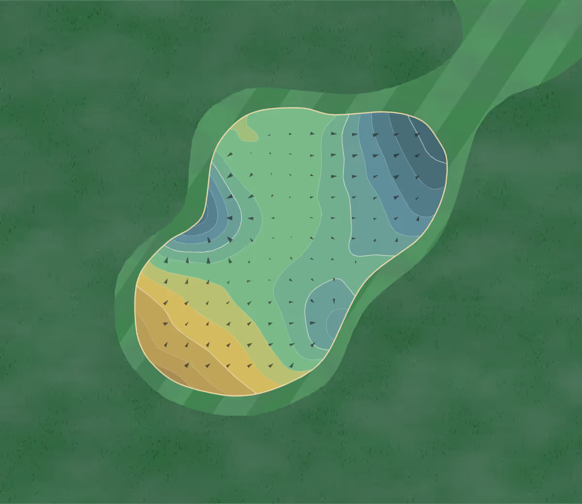 Green contour map of Golf Club Vuissens in Vuissens, Switzerland — 177 elevation contours at a 8-centimeter interval with fall-line arrows, traced from 1-meter lidar
