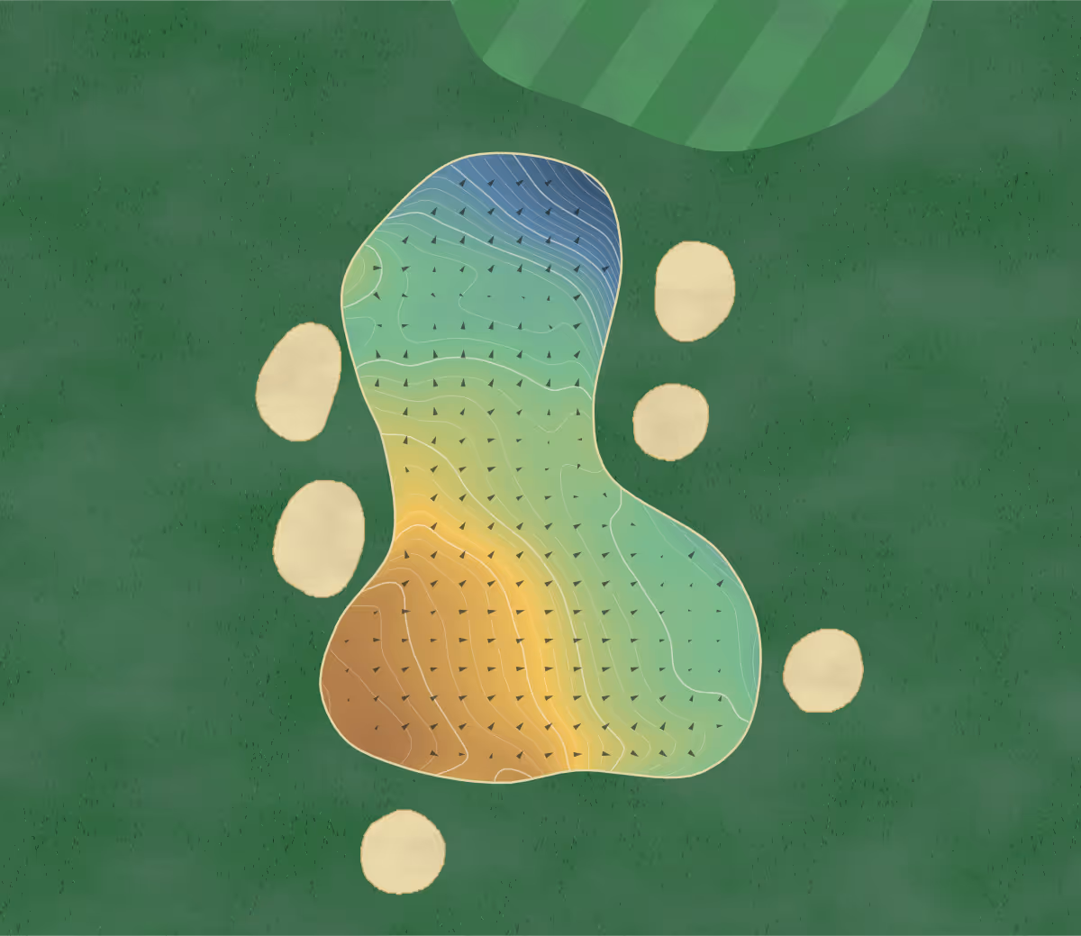 Green contour map of Ésery in Reignier-Ésery, France — 230 elevation contours at a 8-centimeter interval with fall-line arrows, traced from 1-meter lidar