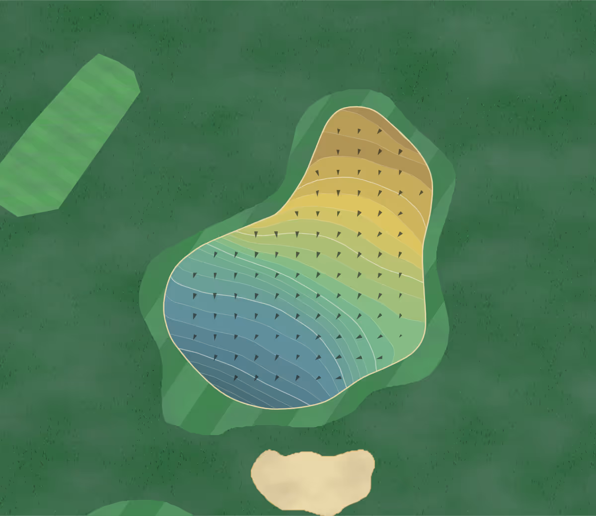 Green contour map of Neuchâtel in St Blaise, Switzerland — 179 elevation contours at a 8-centimeter interval with fall-line arrows, traced from 1-meter lidar