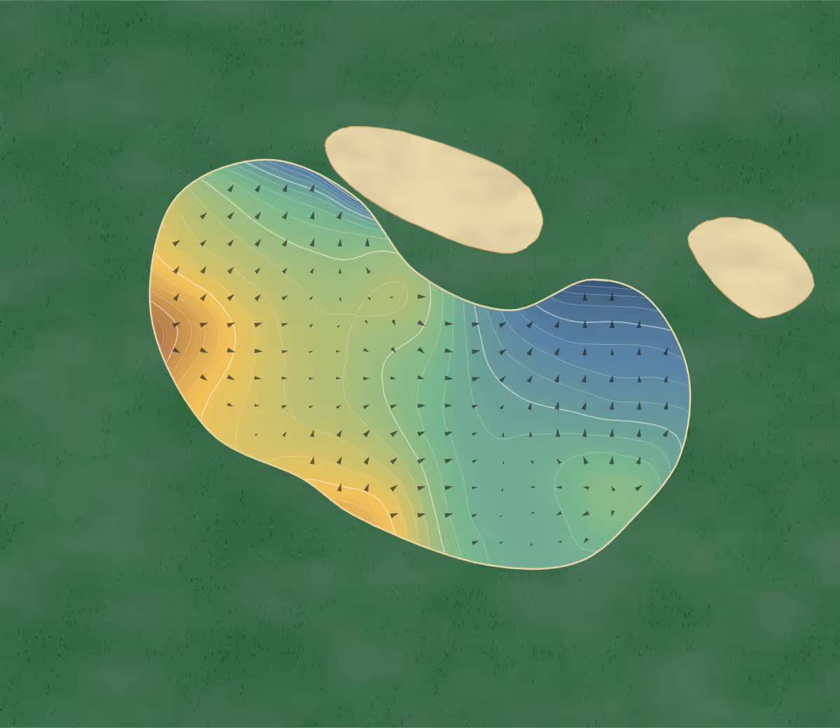 Green contour map of Golf d'Ableiges in Ableiges, France — 254 elevation contours at a 8-centimeter interval with fall-line arrows, traced from 1-meter lidar