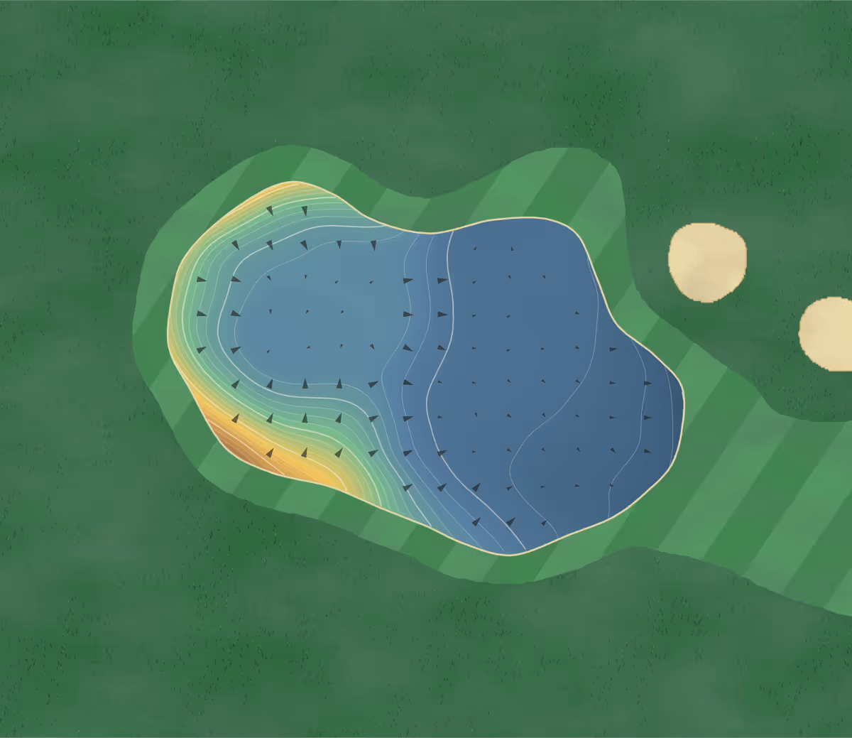 Green contour map of Golf d'Arcangues in Arcangues, France — 206 elevation contours at a 8-centimeter interval with fall-line arrows, traced from 1-meter lidar