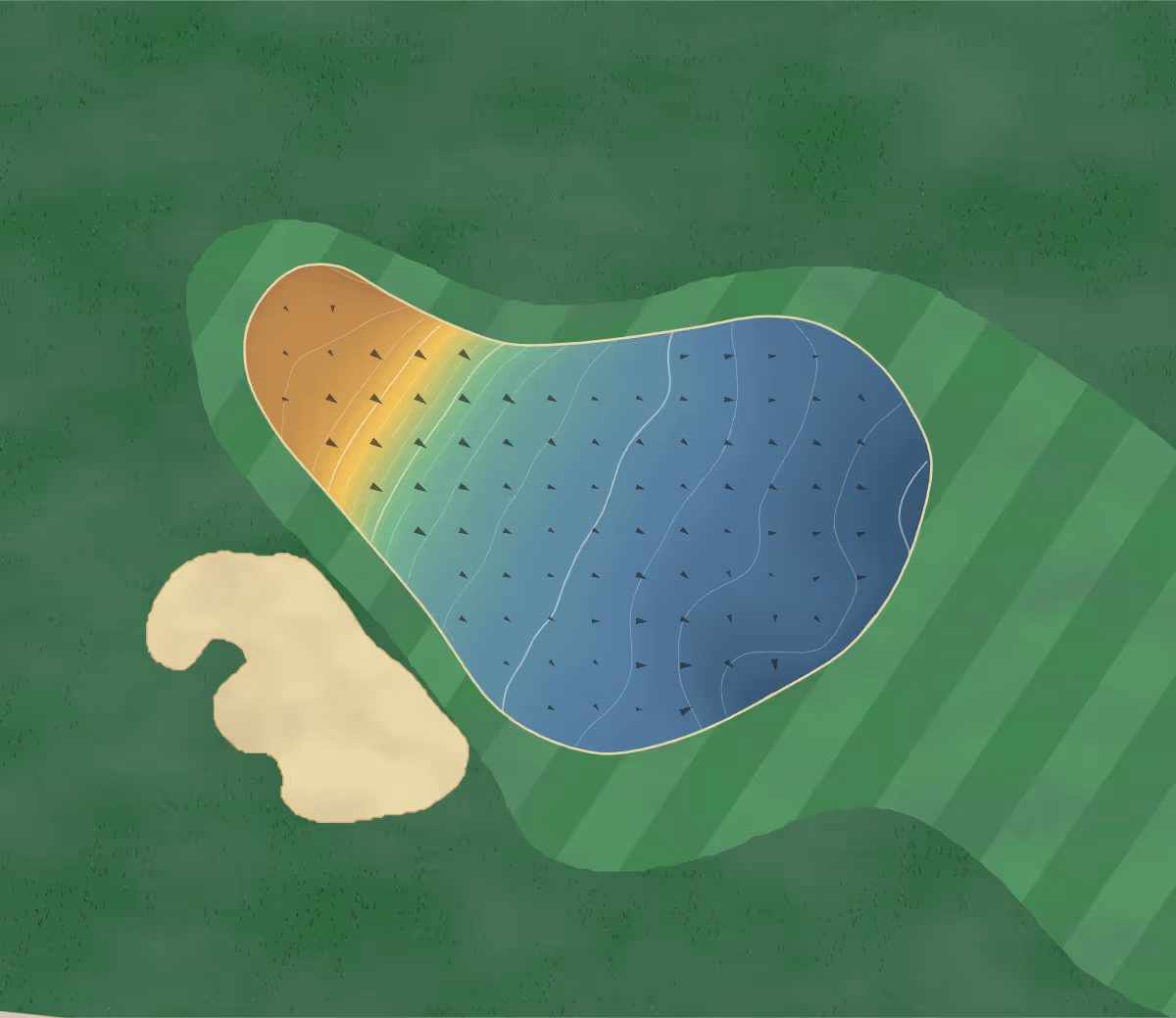 Green contour map of d’Hardelot - Les Dunes in Neufchâtel-Hardelot, France — 222 elevation contours at a 8-centimeter interval with fall-line arrows, traced from 1-meter lidar