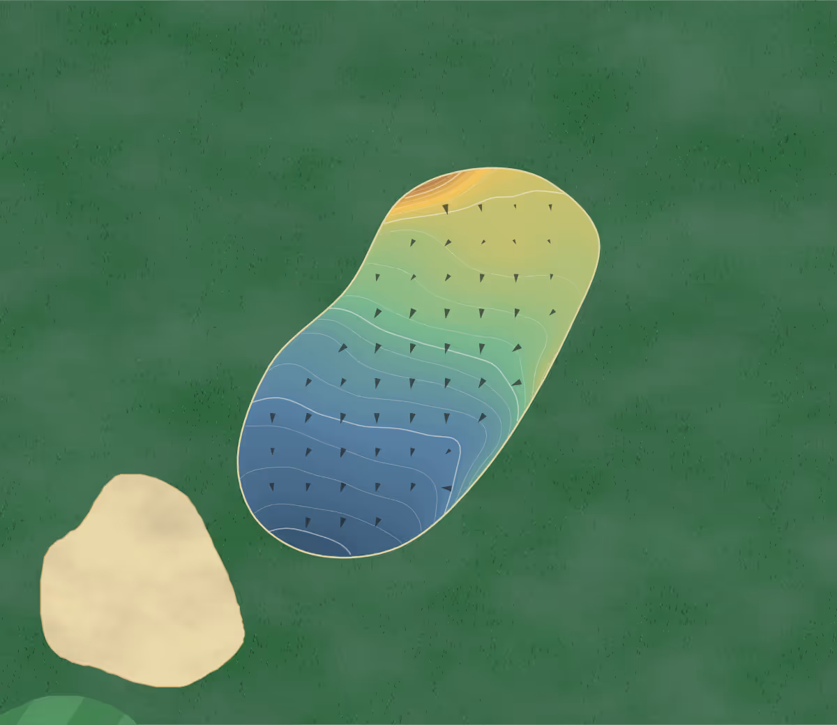 Green contour map of Golf d'Hossegor in Soorts-Hossegor, France — 131 elevation contours at a 8-centimeter interval with fall-line arrows, traced from 1-meter lidar