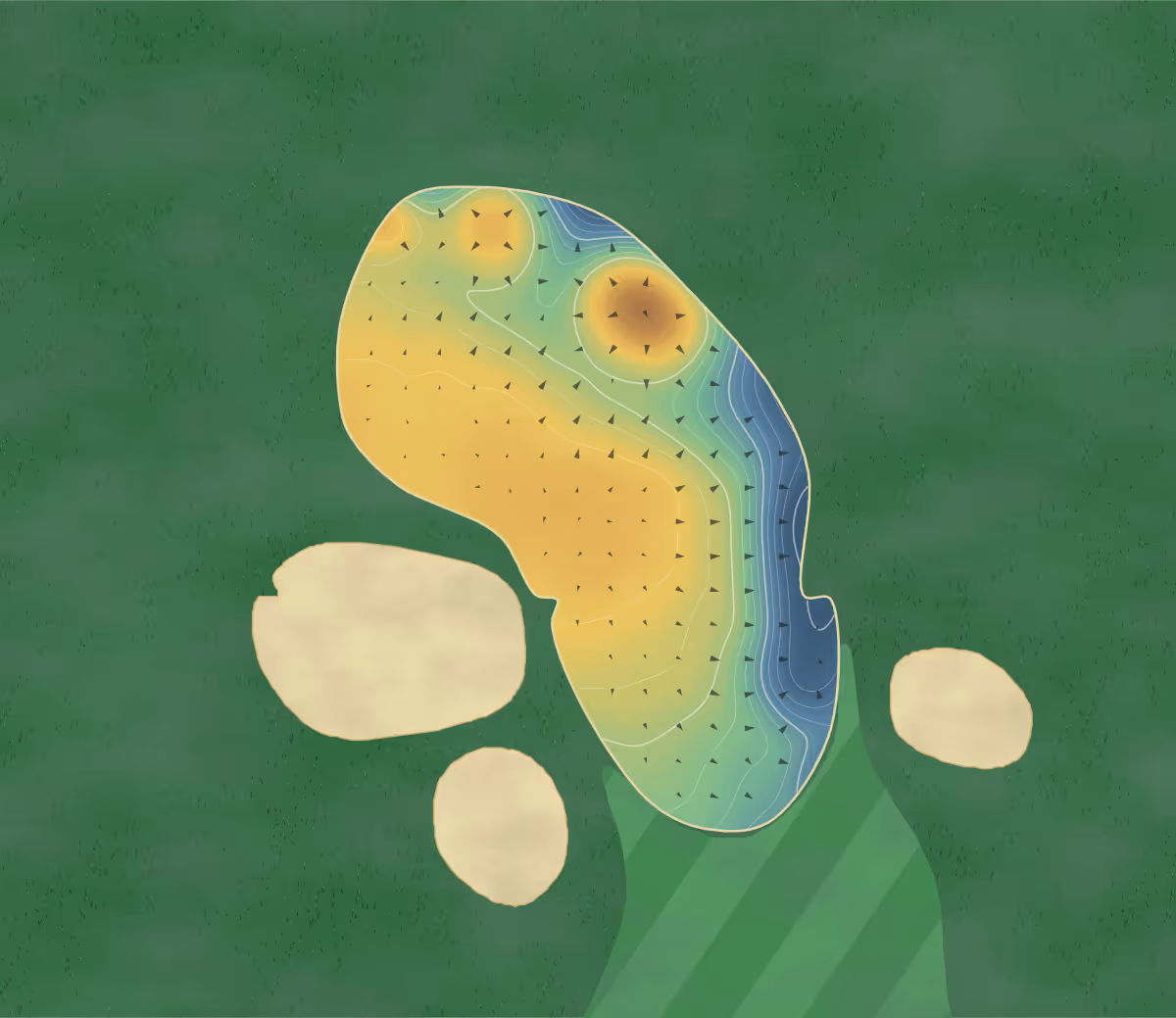 Green contour map of Golf Dallaire in Rouyn-Noranda, Canada: 240 elevation contours at a 8-centimeter interval with fall-line arrows, traced from 1-meter lidar
