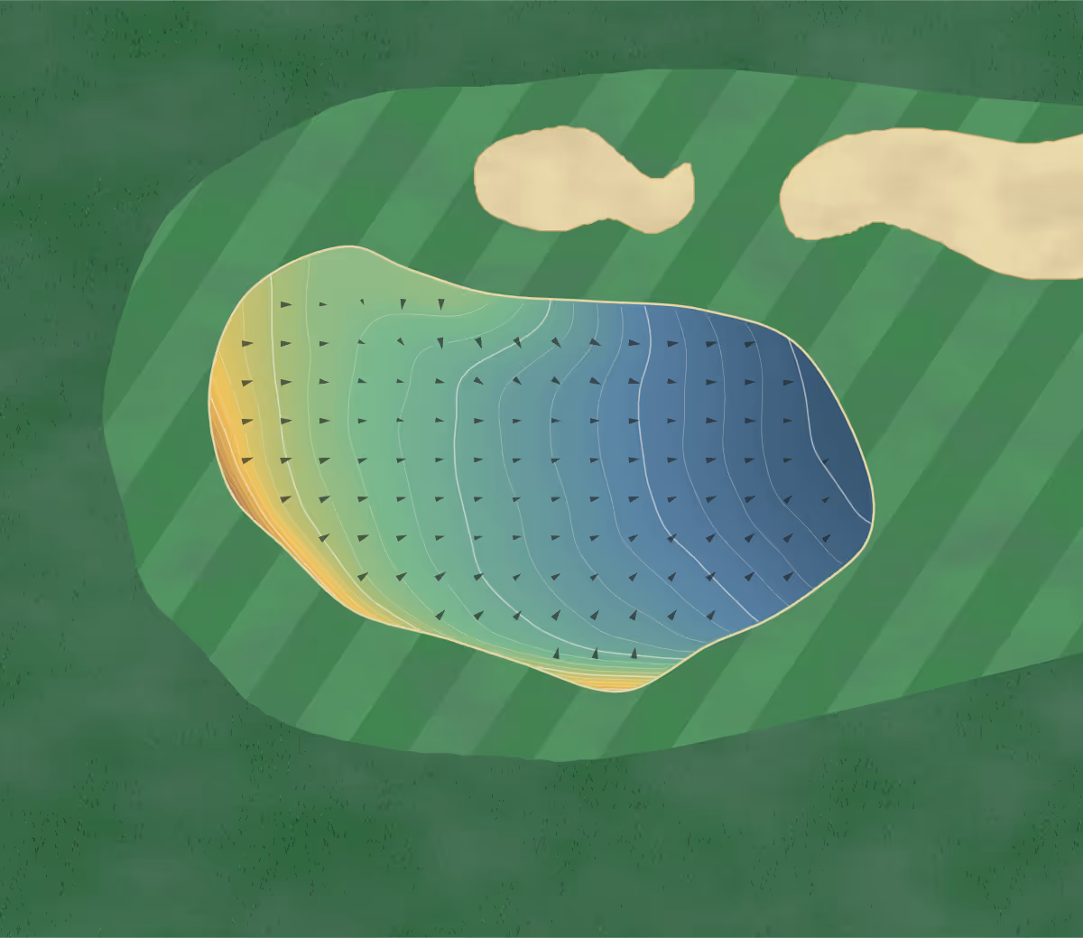 Green contour map of Golf de Béthemont in Poissy, France — 226 elevation contours at a 8-centimeter interval with fall-line arrows, traced from 1-meter lidar
