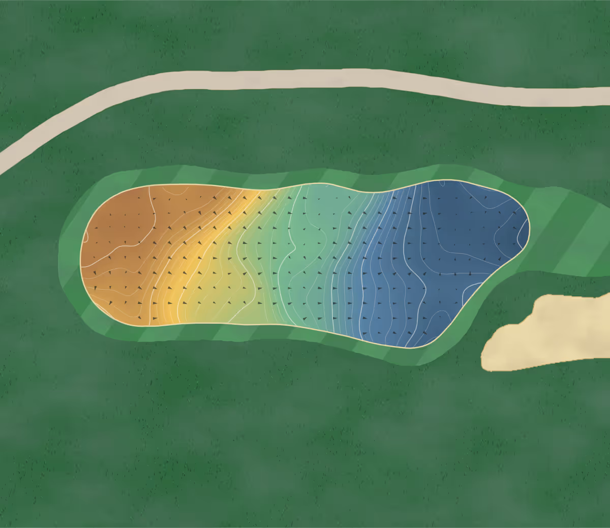 Green contour map of Golf de Barbaroux in Brignoles, France — 234 elevation contours at a 8-centimeter interval with fall-line arrows, traced from 1-meter lidar