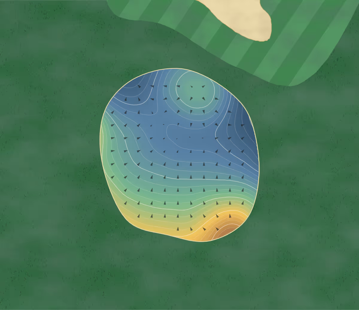 Green contour map of Golf de Bellême in Bellême, France — 275 elevation contours at a 8-centimeter interval with fall-line arrows, traced from 1-meter lidar