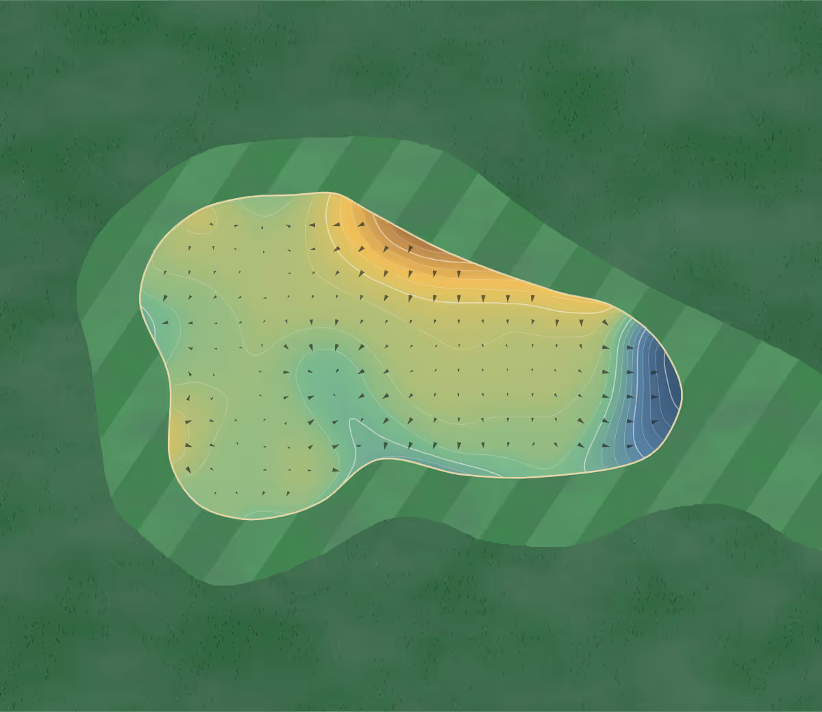 Green contour map of Golf de Belle Dune in Fort-Mahon-Plage, France — 214 elevation contours at a 8-centimeter interval with fall-line arrows, traced from 1-meter lidar