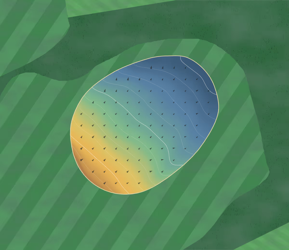 Green contour map of Biarritz le Phare in Biarritz, France — 123 elevation contours at a 8-centimeter interval with fall-line arrows, traced from 1-meter lidar