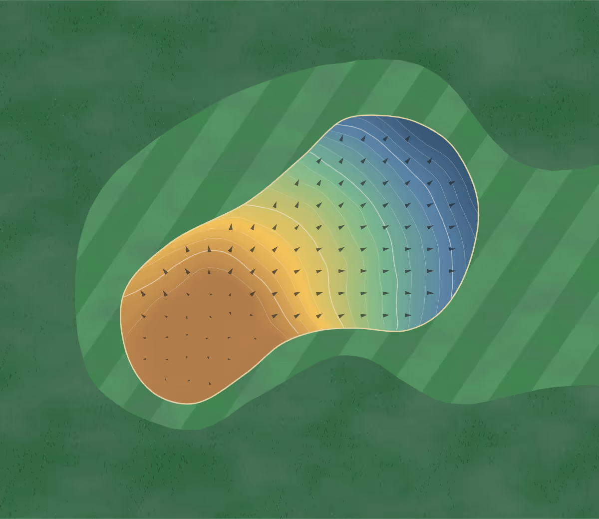 Green contour map of Golf de Caden in Caden, France — 72 elevation contours at a 8-centimeter interval with fall-line arrows, traced from 1-meter lidar