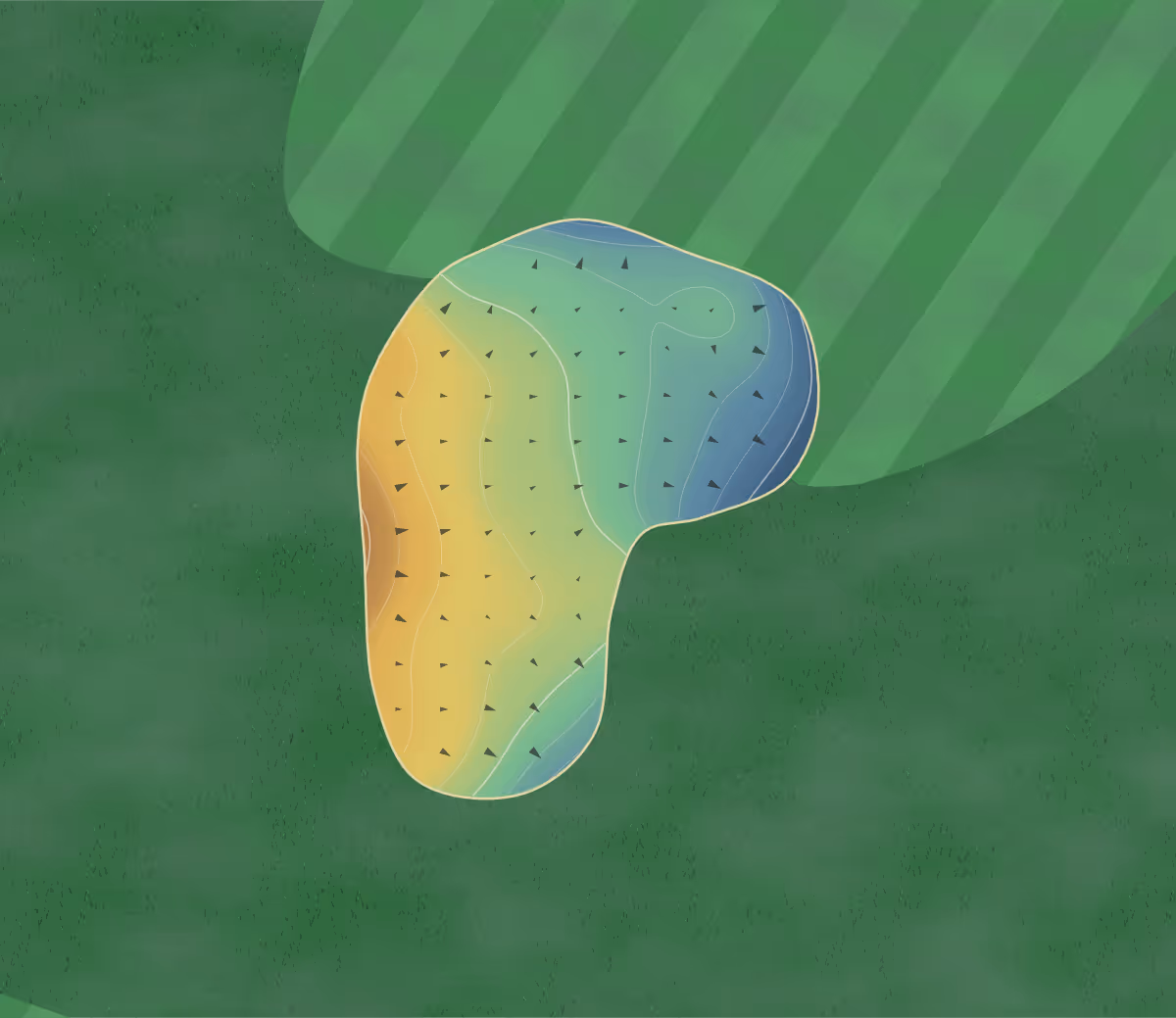 Green contour map of Golf de Casteljaloux in Casteljaloux, France — 14 elevation contours at a 8-centimeter interval with fall-line arrows, traced from 1-meter lidar