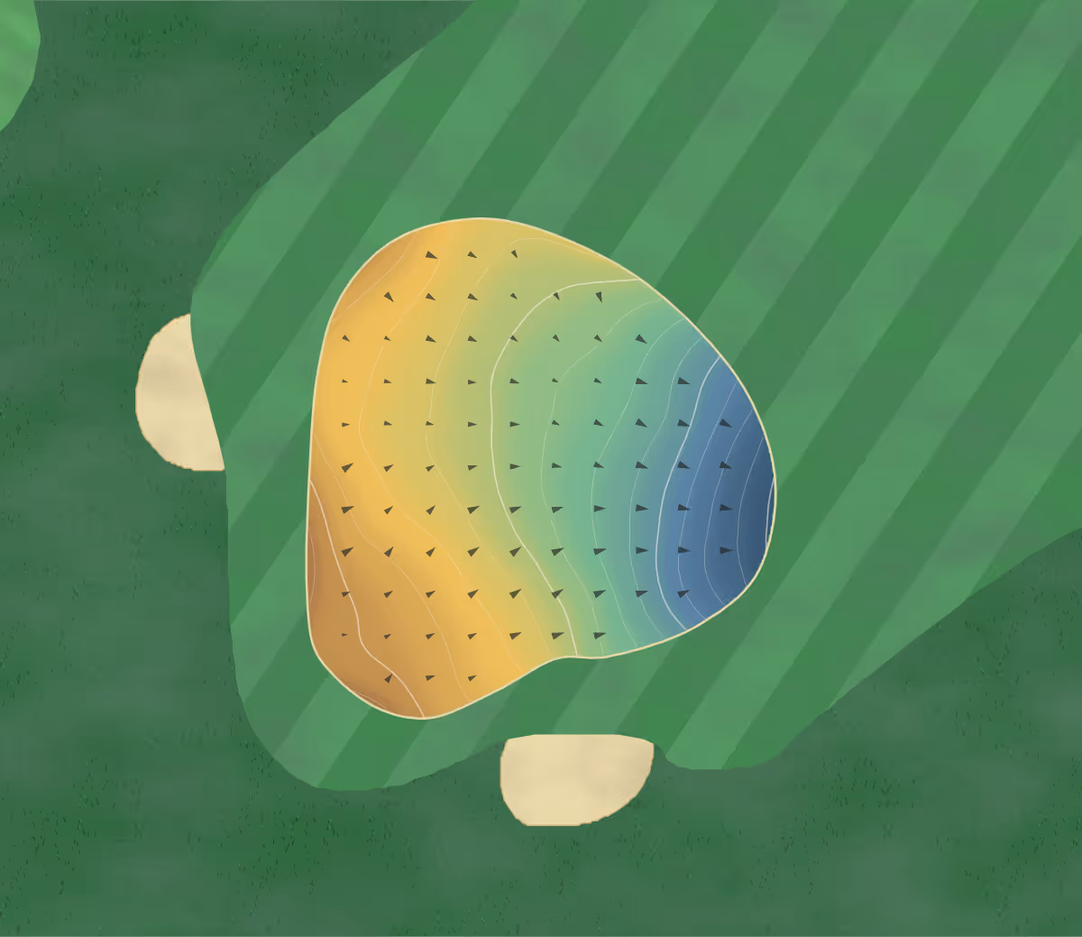 Green contour map of Golf de Cesson-Sévigné in Cesson-Sévigné, France — 101 elevation contours at a 8-centimeter interval with fall-line arrows, traced from 1-meter lidar