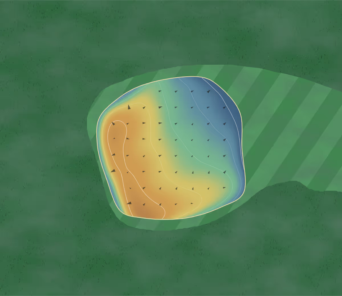Green contour map of Golf de Châteaublanc in Morières-lès-Avignon, France — 96 elevation contours at a 8-centimeter interval with fall-line arrows, traced from 1-meter lidar