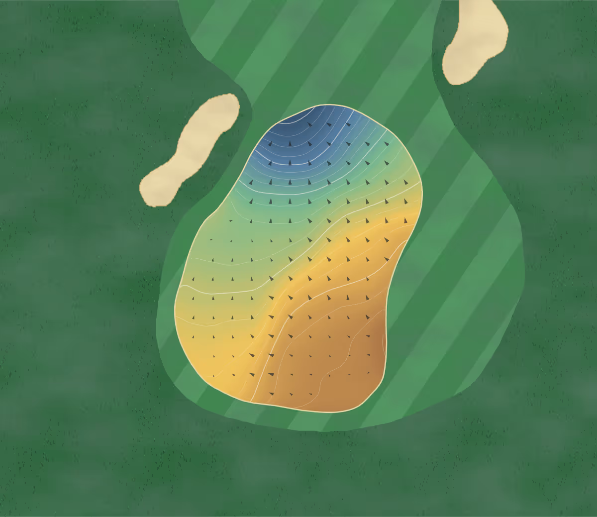 Green contour map of Golf de Chantilly in Vineuil-Saint-Firmin, France — 159 elevation contours at a 8-centimeter interval with fall-line arrows, traced from 1-meter lidar