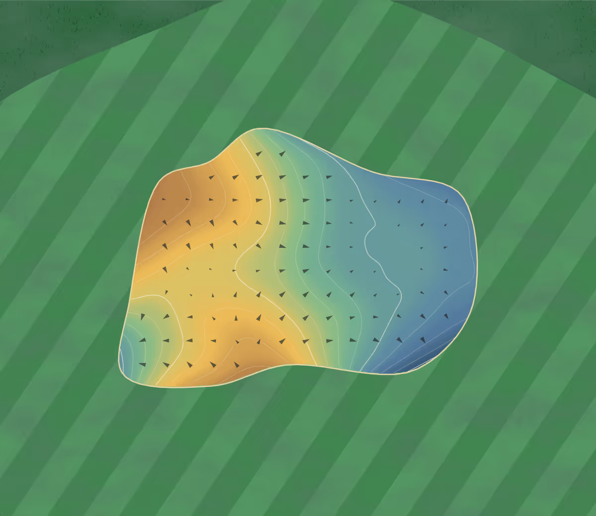 Green contour map of Golf de Chassieu in Chassieu, France — 160 elevation contours at a 8-centimeter interval with fall-line arrows, traced from 1-meter lidar