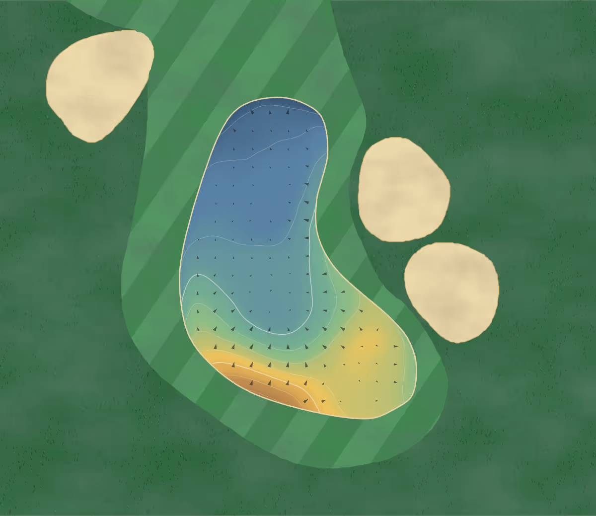 Green contour map of Golf de Cicé-Blossac in Av. de la Chaise, France — 166 elevation contours at a 8-centimeter interval with fall-line arrows, traced from 1-meter lidar