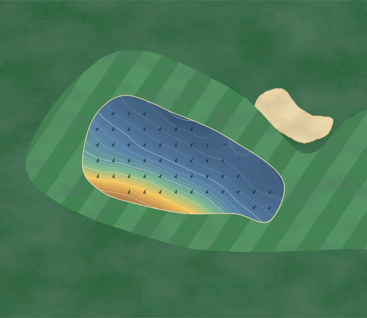 Green contour map of Golf de Clécy-Cantelou in Clécy, France — 170 elevation contours at a 8-centimeter interval with fall-line arrows, traced from 1-meter lidar