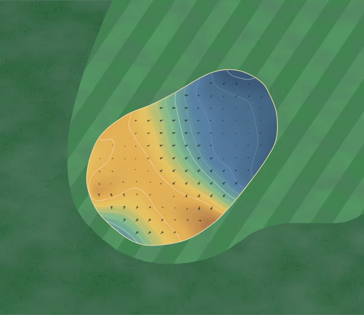 Green contour map of Golf de Dunkerque in Téteghem-Coudekerque-Village, France — 50 elevation contours at a 8-centimeter interval with fall-line arrows, traced from 1-meter lidar
