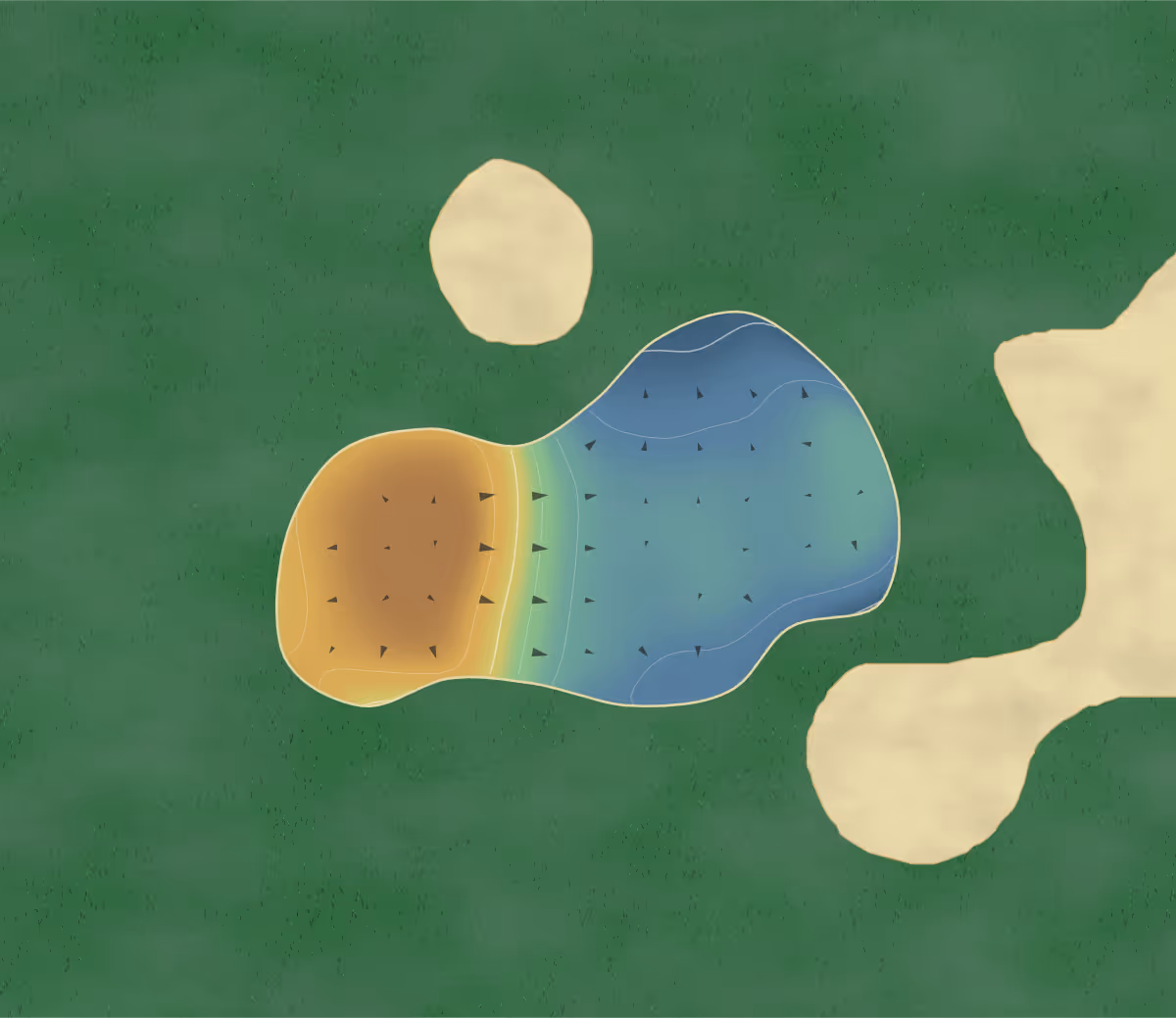 Green contour map of Golf de Garcelles in Le Castelet, France — 58 elevation contours at a 8-centimeter interval with fall-line arrows, traced from 1-meter lidar