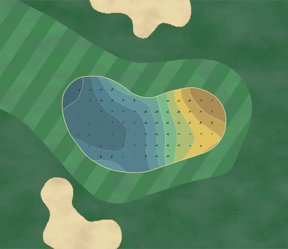 Green contour map of Gulbergen in PW Nuenen, Netherlands — 90 elevation contours at a 8-centimeter interval with fall-line arrows, traced from 1-meter lidar