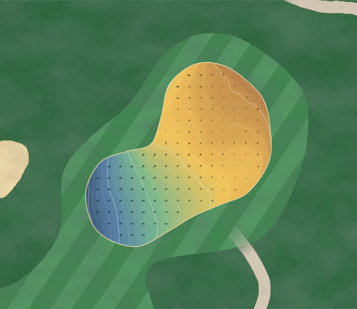 Green contour map of Golf de Houlgate in Gonneville-sur-Mer, France — 172 elevation contours at a 8-centimeter interval with fall-line arrows, traced from 1-meter lidar