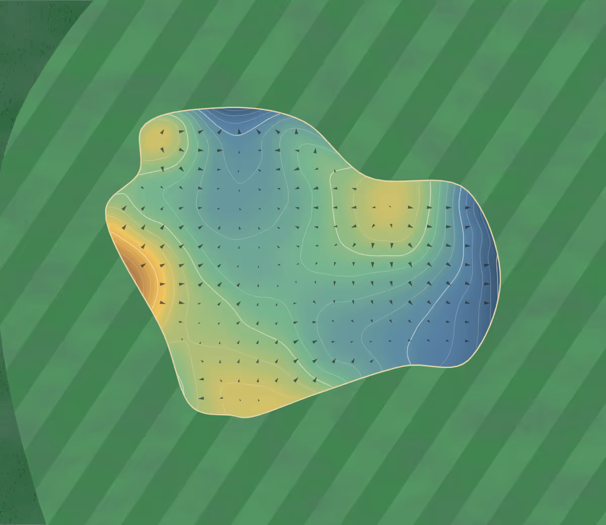 Green contour map of Golf de l'Isle Adam in L'Isle-Adam, France — 210 elevation contours at a 8-centimeter interval with fall-line arrows, traced from 1-meter lidar