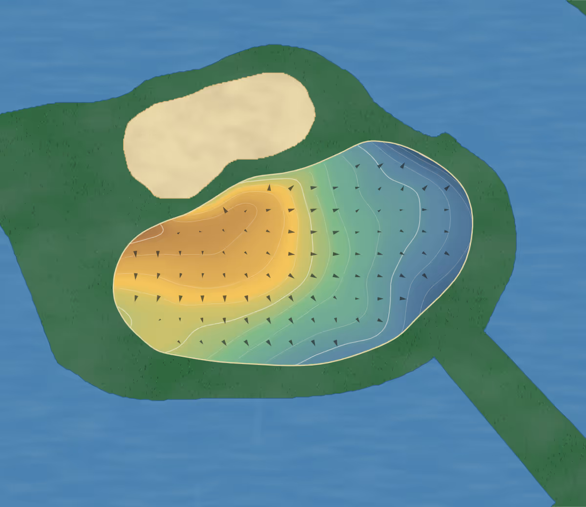 Green contour map of Île de Montréal in Montréal, Canada — 169 elevation contours at a 8-centimeter interval with fall-line arrows, traced from 1-meter lidar