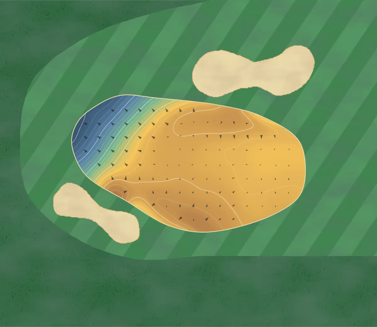 Green contour map of Golf de la Bretesche in Missillac, France — 202 elevation contours at a 8-centimeter interval with fall-line arrows, traced from 1-meter lidar