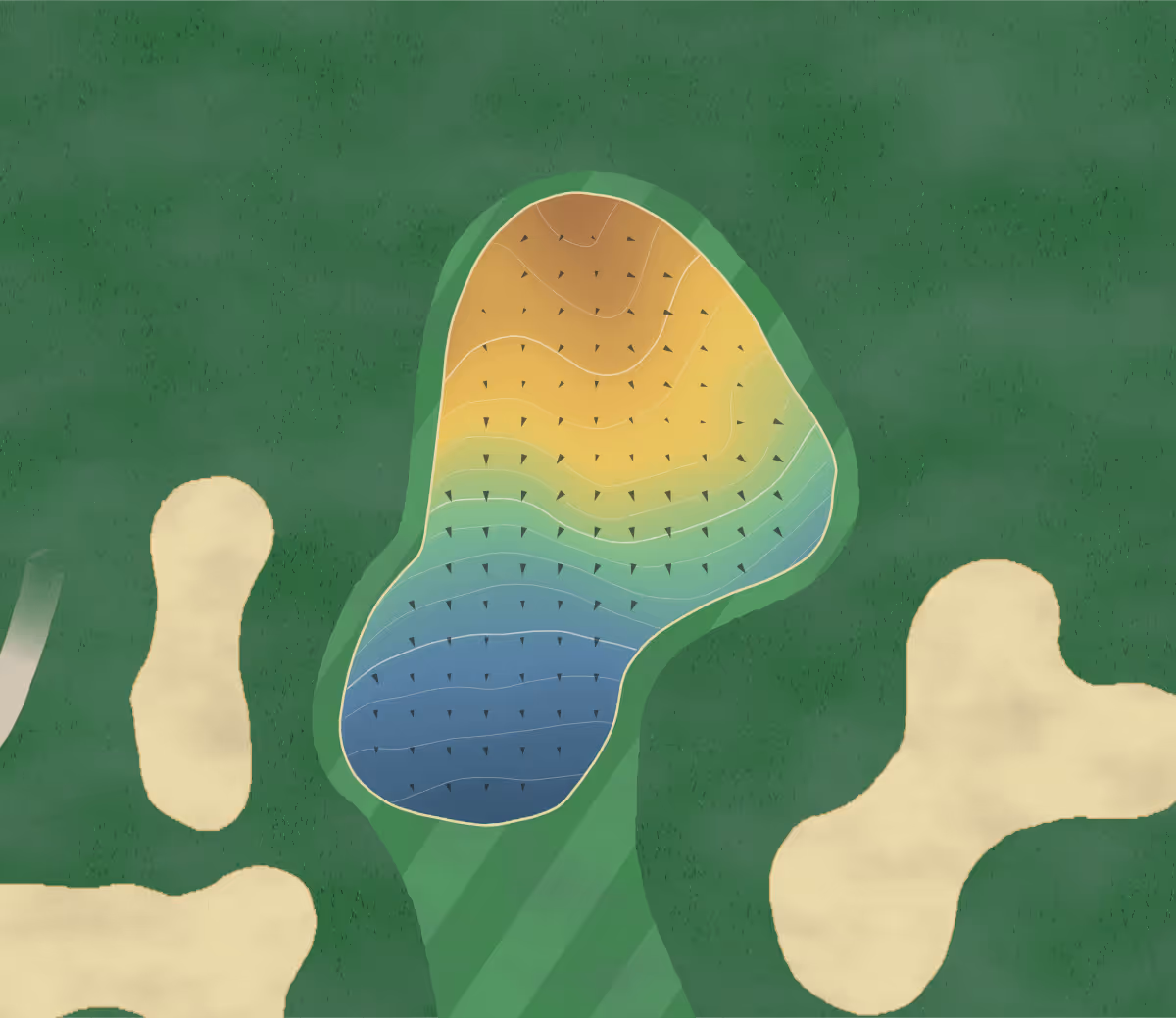 Green contour map of La Faune in Québec, Canada — 129 elevation contours at a 8-centimeter interval with fall-line arrows, traced from 1-meter lidar