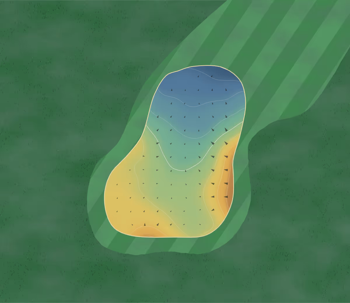 Green contour map of Golf de la Ramée in Tournefeuille, France — 93 elevation contours at a 8-centimeter interval with fall-line arrows, traced from 1-meter lidar