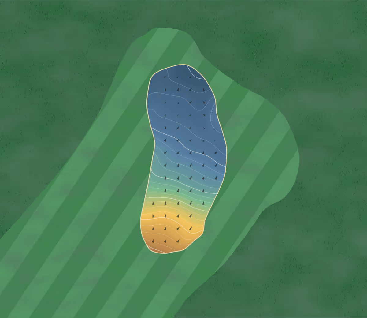Green contour map of Golf de la Sorelle in Villette-sur-Ain, France — 168 elevation contours at a 8-centimeter interval with fall-line arrows, traced from 1-meter lidar