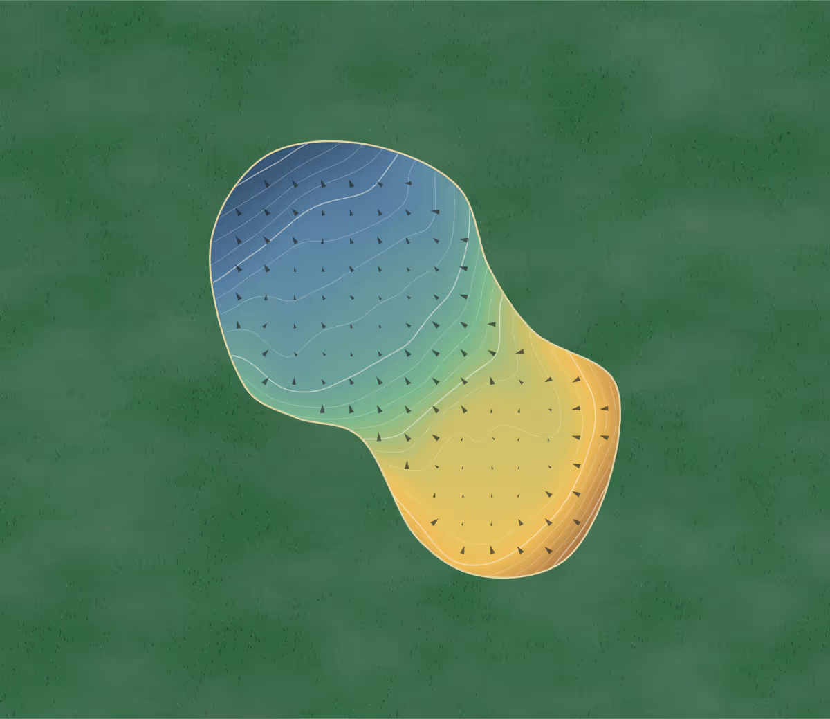 Green contour map of Golf de la Valdaine in Montboucher-sur-Jabron, France — 97 elevation contours at a 8-centimeter interval with fall-line arrows, traced from 1-meter lidar