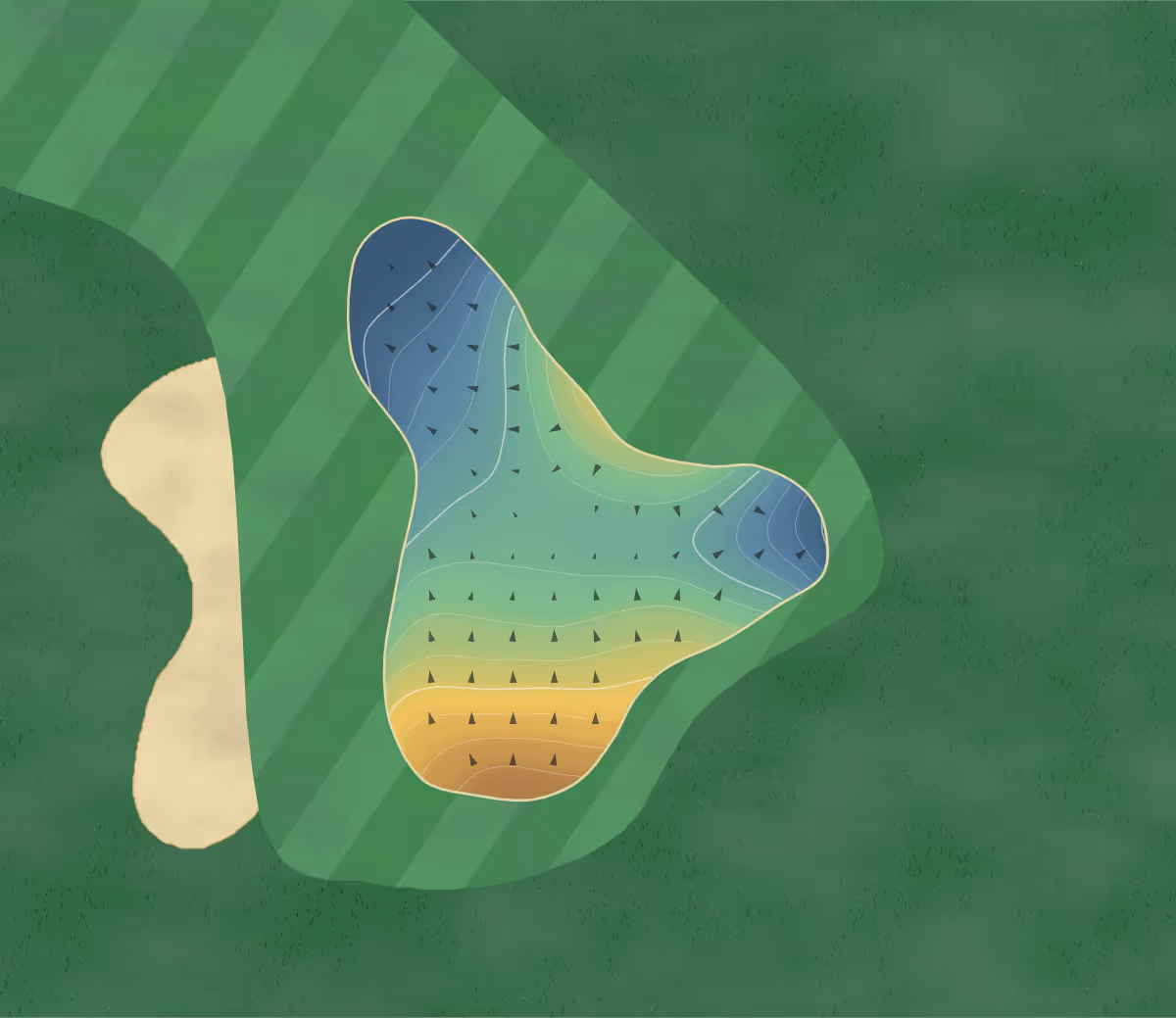 Green contour map of Golf de Laval in Changé, France — 171 elevation contours at a 8-centimeter interval with fall-line arrows, traced from 1-meter lidar