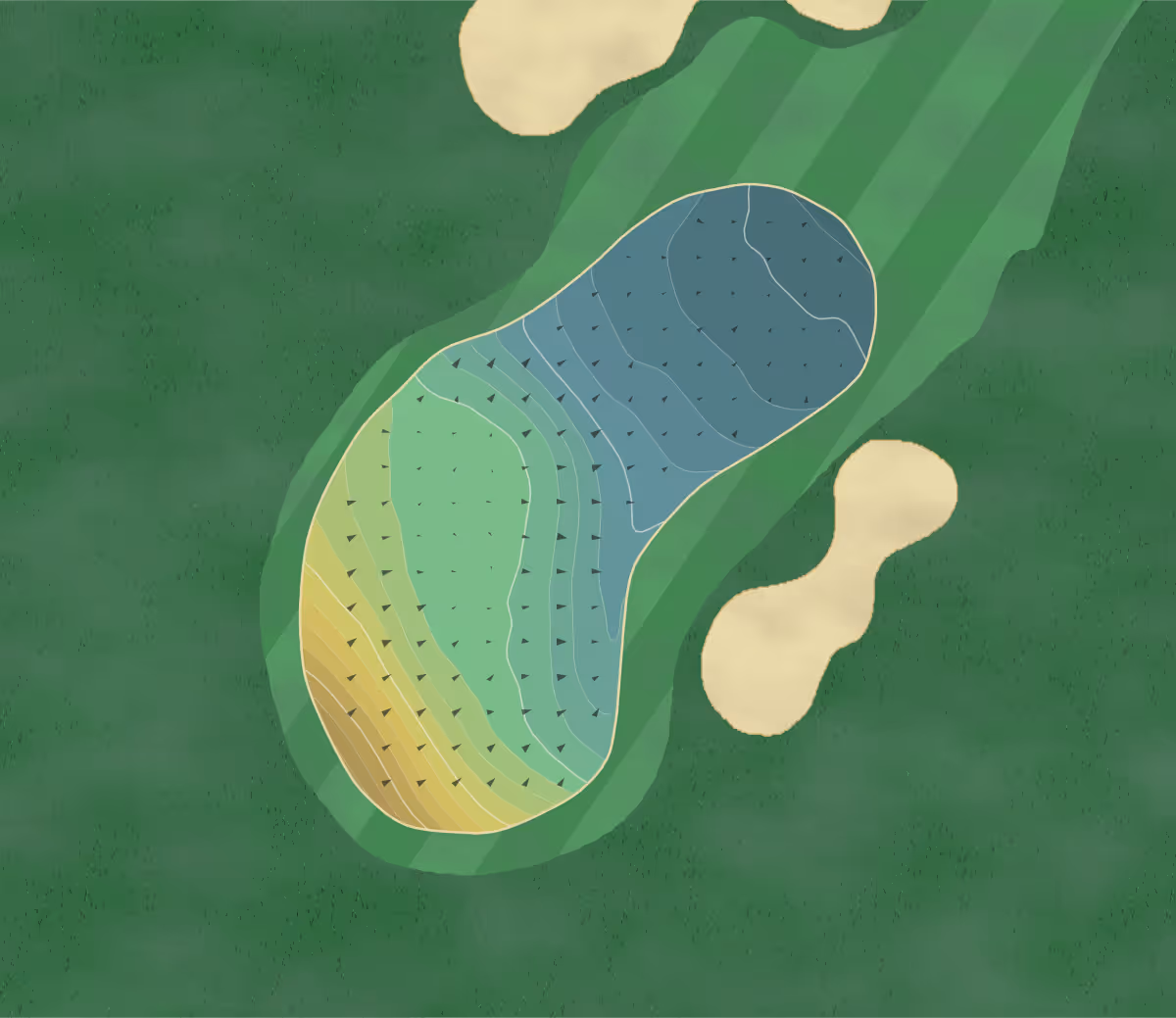 Green contour map of Golf de Lavaux in Puidoux, Switzerland — 158 elevation contours at a 8-centimeter interval with fall-line arrows, traced from 1-meter lidar