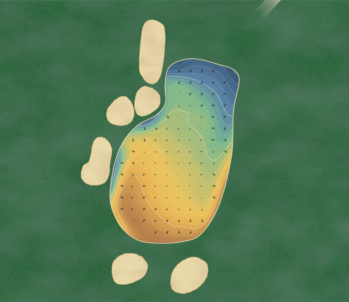 Green contour map of Golf de Méribel in Les Allues, France — 221 elevation contours at a 8-centimeter interval with fall-line arrows, traced from 1-meter lidar