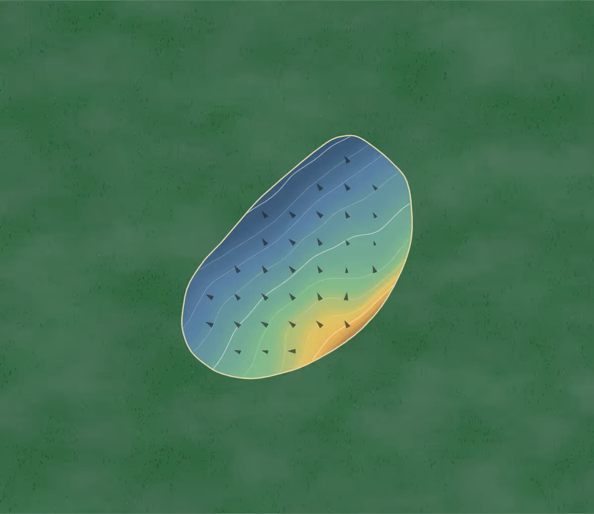 Green contour map of Golf de Machilly in Machilly, France — 75 elevation contours at a 8-centimeter interval with fall-line arrows, traced from 1-meter lidar